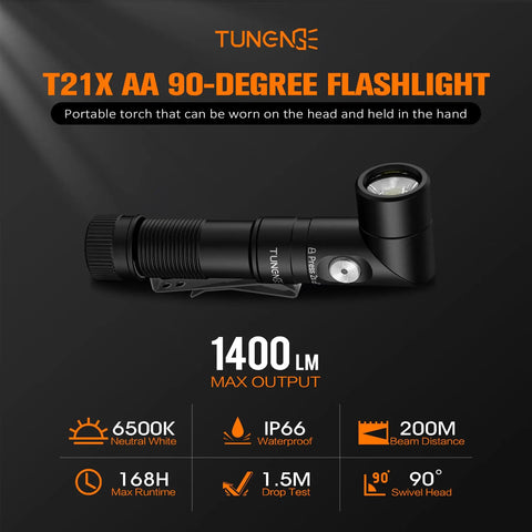 T21X 1400 Lumen LED Flashlight With 90 Degree Rotating Head rechargeable AA powered magnetic base shown with specs