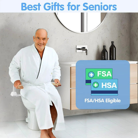 Rock Solid Heavy Duty Foldable Toilet Safety Rails For Seniors With Comfort Grip Armrests Handicap Bathroom Assist Bars Up To Five Hundred Twenty Lbs Easy Peasy Setup Fsa Hsa Eligible, senior man using the safety rails in a bathroom.