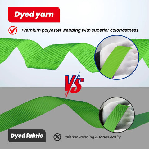 Heavy Duty Ratchet Tie Down Straps 4 Pack 1.6 Inch Wide By 8 Feet Long Green Coated Steel Ratchets comparison of dyed yarn and dyed fabric