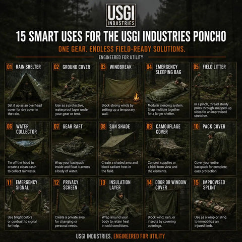 Infographic showing 15 uses for Military Style Tactical Ripstop Camo Rain Poncho for outdoor survival and adventure gear