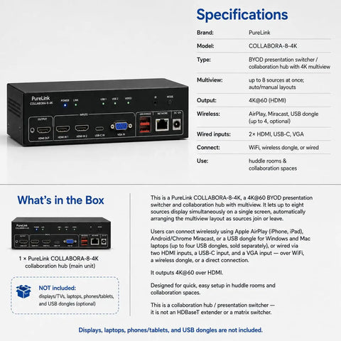Top Shelf 4K Multiview Collaboration Rig With Rock Solid AV Switching For Boardrooms And Command Centers Offering Slick Audio Routing Hassle Free Classroom And Digital Signage Display Setup - PureLink COLLABORA-8-4K device, compact design, various input ports.