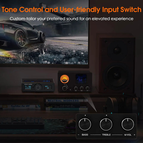 Vacuum Tube Preamplifier And Headphone Amp With VU Meter, 4-Way RCA Selector, Tone Control, No-Nonsense Splitter Box For Receivers, Amps, And Speakers, Powers 16-600 Ohm Headphones, Tube-T5C on TV stand with bass and treble knobs