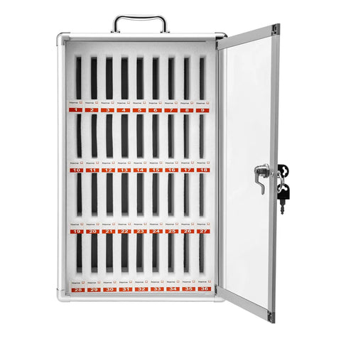 Built Different 36 Slot Cell Phone Locker With Heavy Duty Aluminum Frame And Secure Lock open view showing 36 slots for organization.