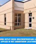 Exterior view of a beige brick building with large windows and green grass lawn. Text overlay: "Round outlet box is weatherproof for wet outdoor locations."