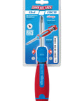 Packaging of 13 In 1 Ratcheting Multi Bit Screwdriver With Quick Load Cushion Grip 28 Tooth Ratchet Up To 225 Lbs Torque Stores Six Double End Bits Includes Quarter Inch Nut Driver For Fast Two Way Drive
