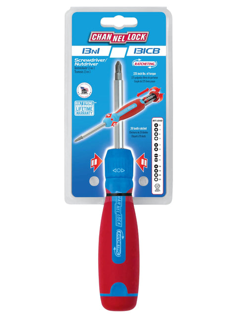 Packaging of 13 In 1 Ratcheting Multi Bit Screwdriver With Quick Load Cushion Grip 28 Tooth Ratchet Up To 225 Lbs Torque Stores Six Double End Bits Includes Quarter Inch Nut Driver For Fast Two Way Drive