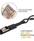 Cam Buckle Tie Down Straps 8Ft 1250Lbs Break Strength 4 Pack With S Hooks showing steel cam buckle and release mechanism