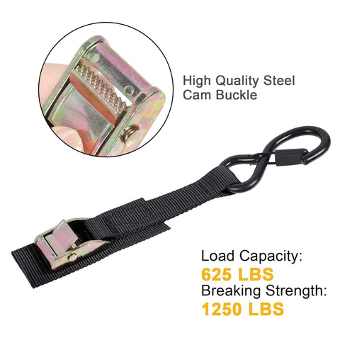 Cam Buckle Tie Down Straps 8Ft 1250Lbs Break Strength 4 Pack With S Hooks showing steel cam buckle and release mechanism
