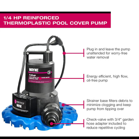 Reinforced Thermoplastic Pool Cover Pump With One Quarter HP Motor, Auto On Off, iSwitch Sensor, Up To 3,000 GPH