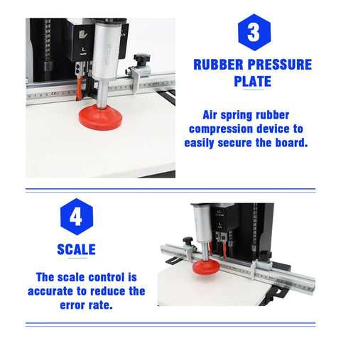Yokoma 110V pneumatic hinge boring machine, single-head drill with red rubber suction base and metal ruler guide.