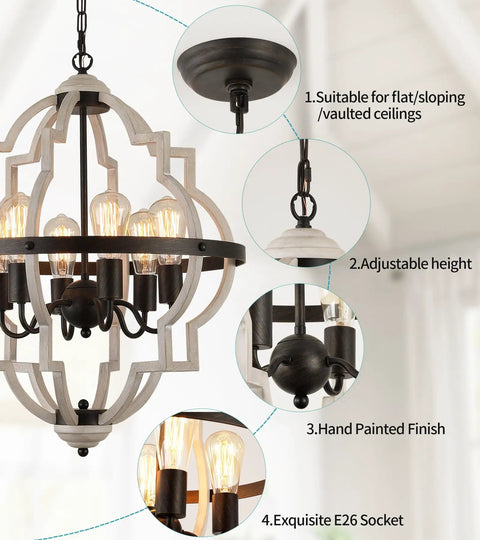 Farmhouse Rustic Chandelier With ORB Finish And Oak Tone, 6 Light Vintage Antique Pendant Light Fixture with adjustable height for kitchens