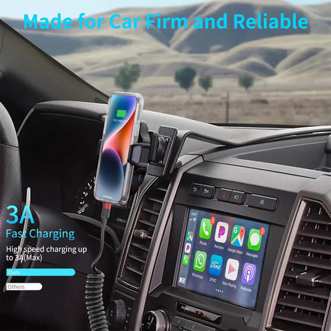 Coiled USB C Car Cable 2 Pack Fast Charging in use in car, iPhone connected, showing fast charging, USB C to USB C cable.