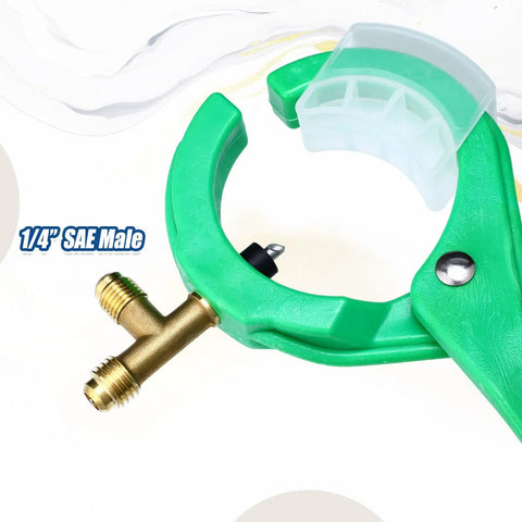 All In One Side Mount Can Tap Valve Gear For R134A And R12 With Tank Adapters, green clamp showing 1/4 inch SAE male fitting.