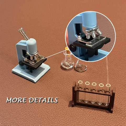 1/12 Scale Dollhouse Lab Accessories Kit With Microscope, Test Tubes And Flasks Dope Mini Science Set Made From Resin, Glass And Wood For Creative Play, Collectors, And Hobbyist Scientists. Close-up of microscope and test tubes