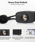 Close-up of heavy-duty black padlock with A-grade copper core and waterproof silicone cover, part of 4 Inch Stainless Steel Hasp Latch With Padlock Keys And Screws.