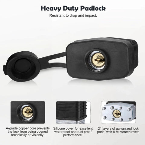 Close-up of heavy-duty black padlock with A-grade copper core and waterproof silicone cover, part of 4 Inch Stainless Steel Hasp Latch With Padlock Keys And Screws.