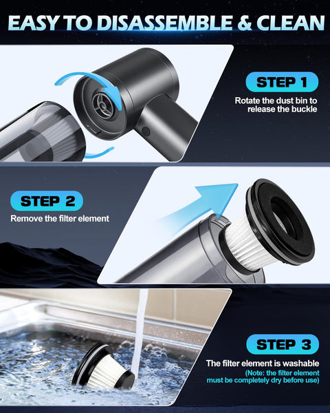 Steps to clean Cordless Handheld Car Vacuum With 15000Pa Beast Suction Brushless Motor 7 in 1 Cleaning Kit Type C Charge
