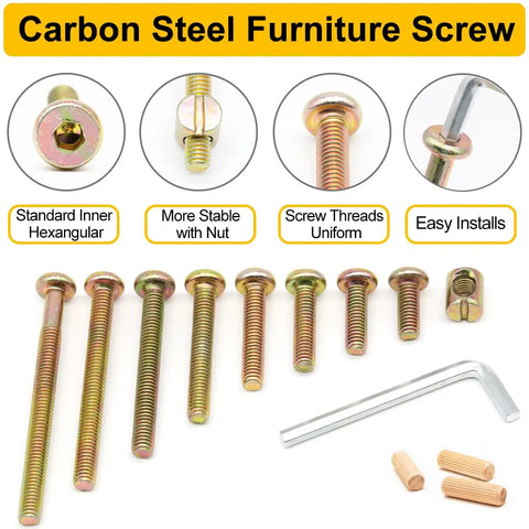 54 Piece Crib Screws And Nuts Kit With Hex Socket Cap Screws, Barrel Nuts, And Wooden Dowels Including M6 Fasteners
