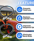Features of Front Loader Hydraulic Hose Kit For Boom And Bucket Cylinders with tractor background, includes benefits and icons.