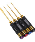 Four Piece RC Screwdriver Set Aluminum Alloy Repair Tool Kit with 1.27mm, 1.3mm, 1.5mm hex and 4mm socket on display