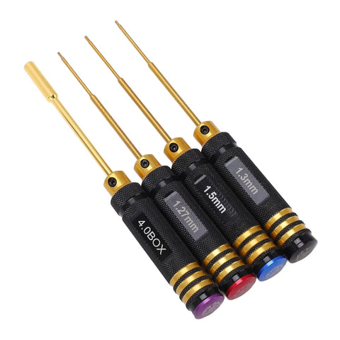 Four Piece RC Screwdriver Set Aluminum Alloy Repair Tool Kit with 1.27mm, 1.3mm, 1.5mm hex and 4mm socket on display