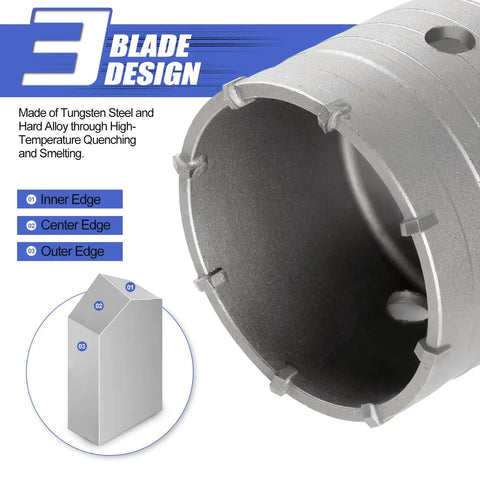 Close-up of 3-blade design tungsten steel Workhorse Concrete Hole Saw Kit 11 Piece Set With 30 40 65 80 100 MM Bits SDS Plus Max