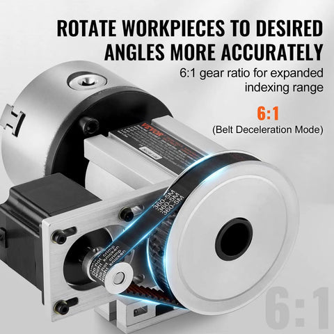 Heavy Duty Dividing Head With K11 3 Jaw Chuck And Mt2 Tailstock 4Th Axis A Axis Rotary Indexing Head For Cnc Milling Machine showing 6:1 gear ratio and motor detail.