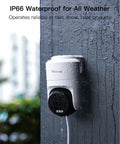 Pan Tilt Outdoor Security Camera With 2.5K Clarity, 360 Degree View, Smart Motion Tracking shown mounted in rainy conditions