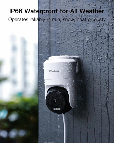 Pan Tilt Outdoor Security Camera With 2.5K Clarity, 360 Degree View, Smart Motion Tracking shown mounted in rainy conditions