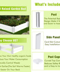 White Vinyl Raised Garden Bed Kit 4x4 Outdoor Above Ground Planter Box shown with components: posts, side panels, post caps.