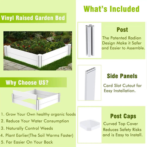 White Vinyl Raised Garden Bed Kit 4x4 Outdoor Above Ground Planter Box shown with components: posts, side panels, post caps.