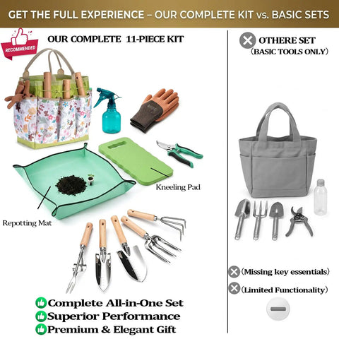 11 Piece Heavy Duty Garden Tool Set With Rust Resistant Stainless Steel Tools And A Durable Stylish Tote Organizer For Easy Storage Built To Last Tough As Nails Gift For Women Mom And Garden Lovers displayed with floral tote and tools on left vs basic set on right