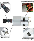 Internal components of CNC Router Kit With 3 Axis GRBL Control, showing ER11 collet, copper wire, cooling fan, and screw hole.