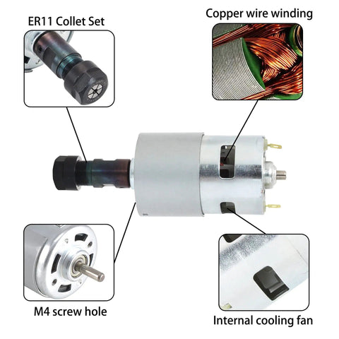 Internal components of CNC Router Kit With 3 Axis GRBL Control, showing ER11 collet, copper wire, cooling fan, and screw hole.