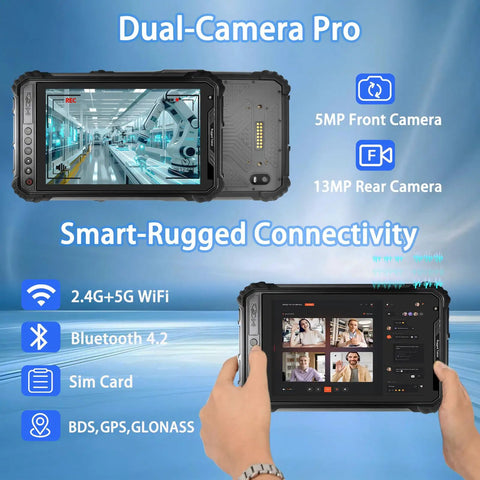Tank Like 8 Inch Rugged Tablet Android 11 Industrial Workhorse Featuring Octa Core Chip 8GB Ram 256GB Storage IP65 Weatherproof Shell 10000Mah Juice Tank showing dual-camera setup and smart connectivity features.