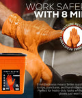 Heavy Duty Orange Nitrile Work Gloves - 8 Mil Thick Diamond Texture - 500 Count Large Bulk Bucket - Chemical Resistant Latex Free - Built Tough For Automotive Mechanic Shop Work - Hella Durable Grip - close-up of glove in use