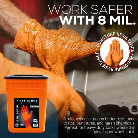 Heavy Duty Orange Nitrile Work Gloves - 8 Mil Thick Diamond Texture - 500 Count Large Bulk Bucket - Chemical Resistant Latex Free - Built Tough For Automotive Mechanic Shop Work - Hella Durable Grip - close-up of glove in use