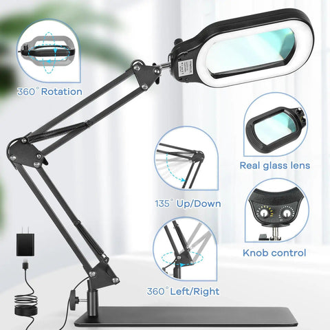 10X Rectangle Magnifying Glass With Light And Stand For Close Work And Reading Hands Free LED Desk Lamp With Clamp Real Glass Lens