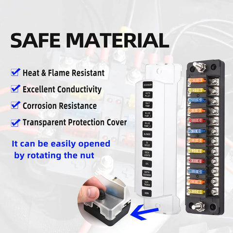 Hella Tough 12 Way ATC ATO Blade Fuse Block Panel With Splash Proof Cover and Integrated Negative Bus, showcasing safe materials.
