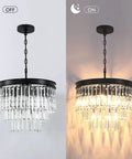 Black Finish 3-Tier Crystal Chandelier Showstopper Lighting Fixture With Real K9 Crystals, lit and unlit views