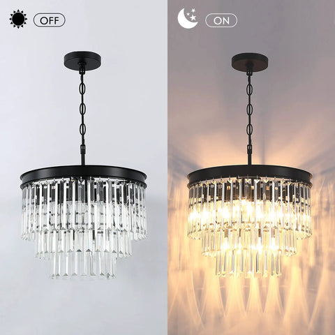Black Finish 3-Tier Crystal Chandelier Showstopper Lighting Fixture With Real K9 Crystals, lit and unlit views