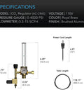 CO2 Regulator And Carbon Dioxide Monitor With Brass Body Solenoid Valve And Pressure Gauge For Precise Gas Flow And Tank Level Readout In Grow Rooms Grow Tents Greenhouses And Indoor Gardens. specs with 0-4000 PSI gauge and 0.5-15 SCFH