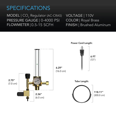CO2 Regulator And Carbon Dioxide Monitor With Brass Body Solenoid Valve And Pressure Gauge For Precise Gas Flow And Tank Level Readout In Grow Rooms Grow Tents Greenhouses And Indoor Gardens. specs with 0-4000 PSI gauge and 0.5-15 SCFH