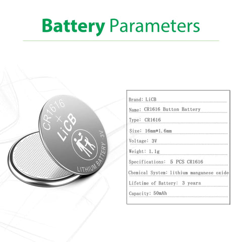 CR1616 Lithium Coin Battery 3 Volt Button Cell 5 Pack Grade A with parameters and specifications displayed.