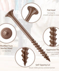 Heavy Duty Eight Gauge By One Point Five Inch Star Drive Deck Screws For Pressure Treated Wood And Landscaping, close-up of features.