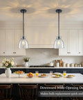 7.5" Black Hammered Glass Pendant Lights Kitchen Island Lighting 1 Pack E26 in modern kitchen with white cabinets and marble countertop.