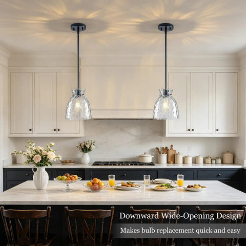 7.5" Black Hammered Glass Pendant Lights Kitchen Island Lighting 1 Pack E26 in modern kitchen with white cabinets and marble countertop.