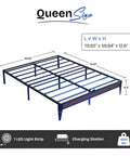 Modern Queen Platform Bed Frame Featuring Smart Rgb Led Lights And Usb Charging Station, dimensions 79.92" x 59.84" x 12.6".