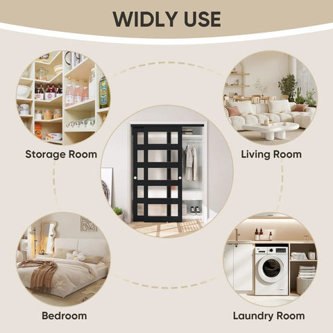 60-Inch By 80-Inch Sliding Closet Door With 5-Lite Frosted Glass Bypass installed in various rooms including storage, living, bedroom, and laundry room.