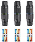 IP68 Waterproof Electrical Cable Connectors Kit For Outdoors, 3 Way Junction Box With Replaceable Lever Terminals, Weatherproof Wire Connectors For AWG 28 To 12, No Brainer Quick Screwless Installation displayed with three connectors and three lever terminals.